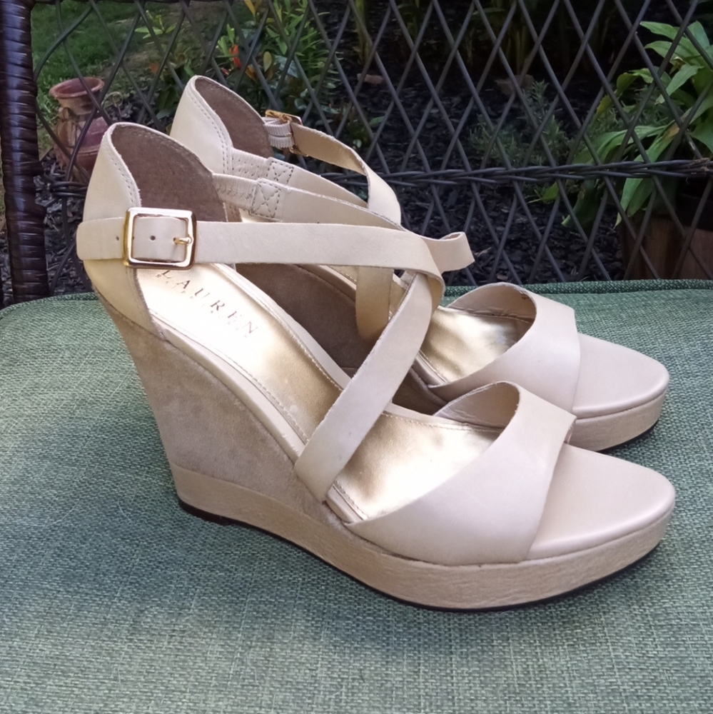 Lauren Ralph Lauren Leather Strappy Wedge Sandal Size 8.5.